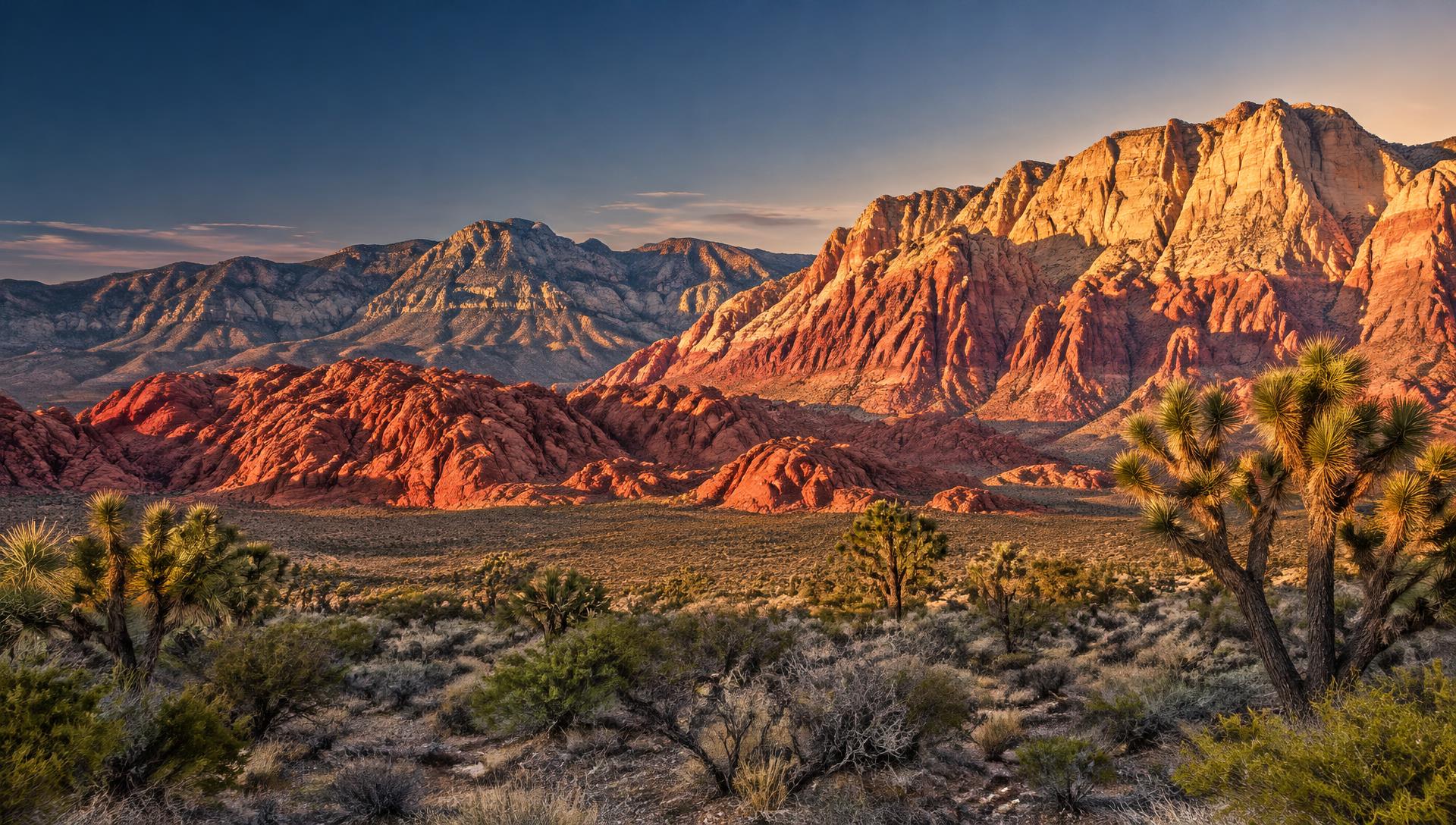 Red Rock Canyon and the Spring Mountains at golden hour, west of Summerlin, Las Vegas